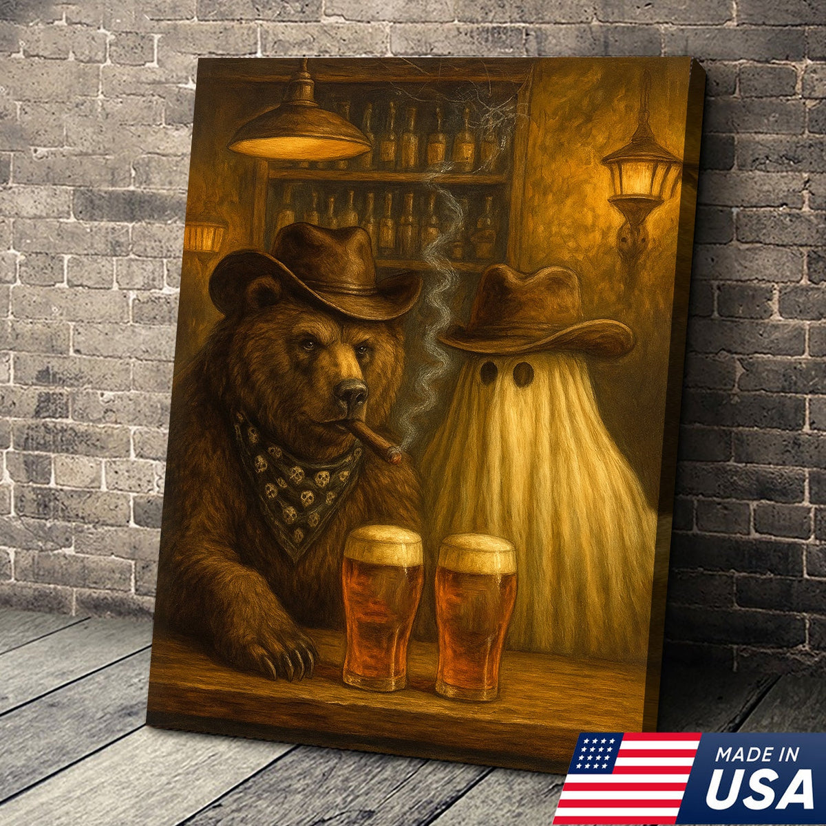Halloween Bar Bear Canvas – Funny Rustic Cowboy Ghost Wall Art for Cabin, Hunters