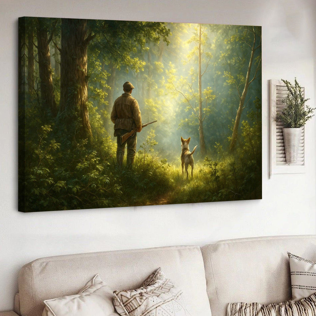 Hunting Canvas Wall Art – Hunter and Dog in Sunlit Forest – Rustic Cabin Decor