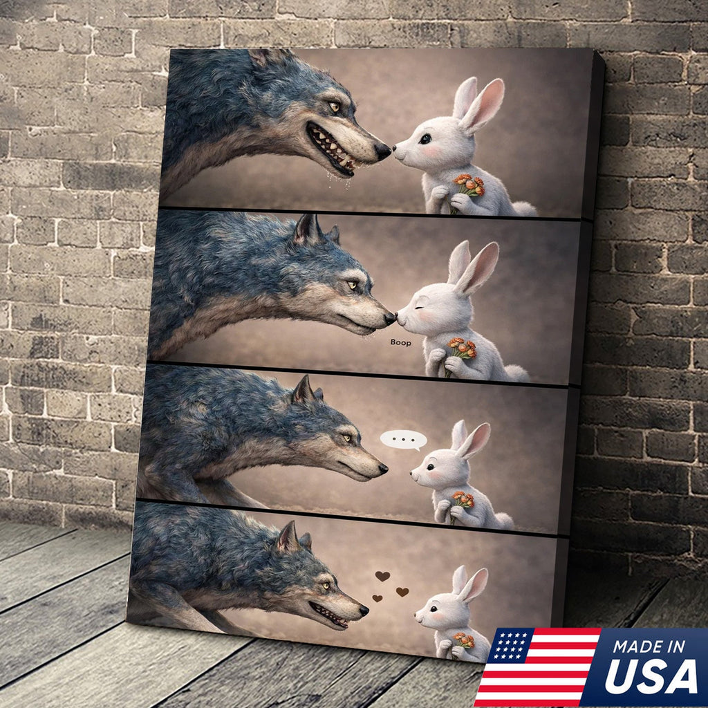 Cute Wolf and Bunny Comic Canvas Print, Whimsical Animal Love Story Wall Art Decor