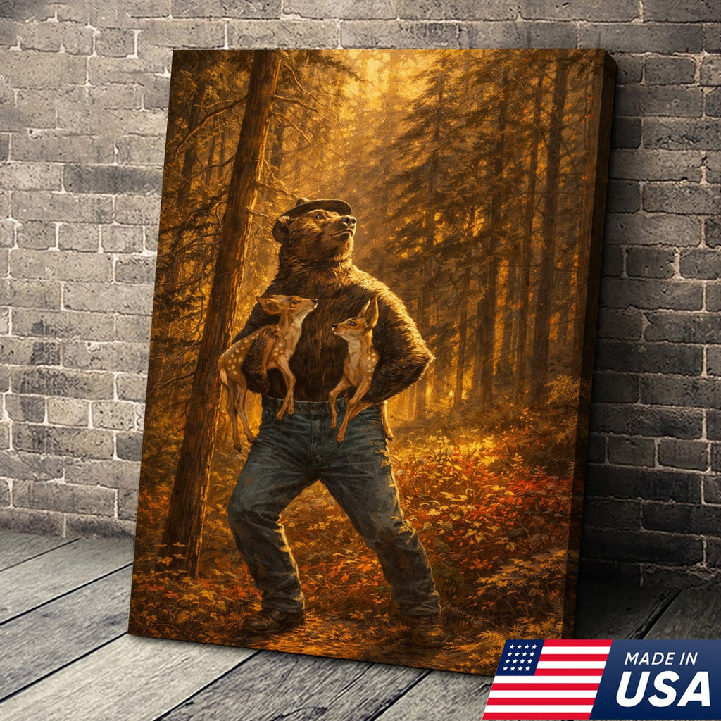 Protector of the Wild Canvas Wall Art – Bear Holding Fawns Forest Scene Print