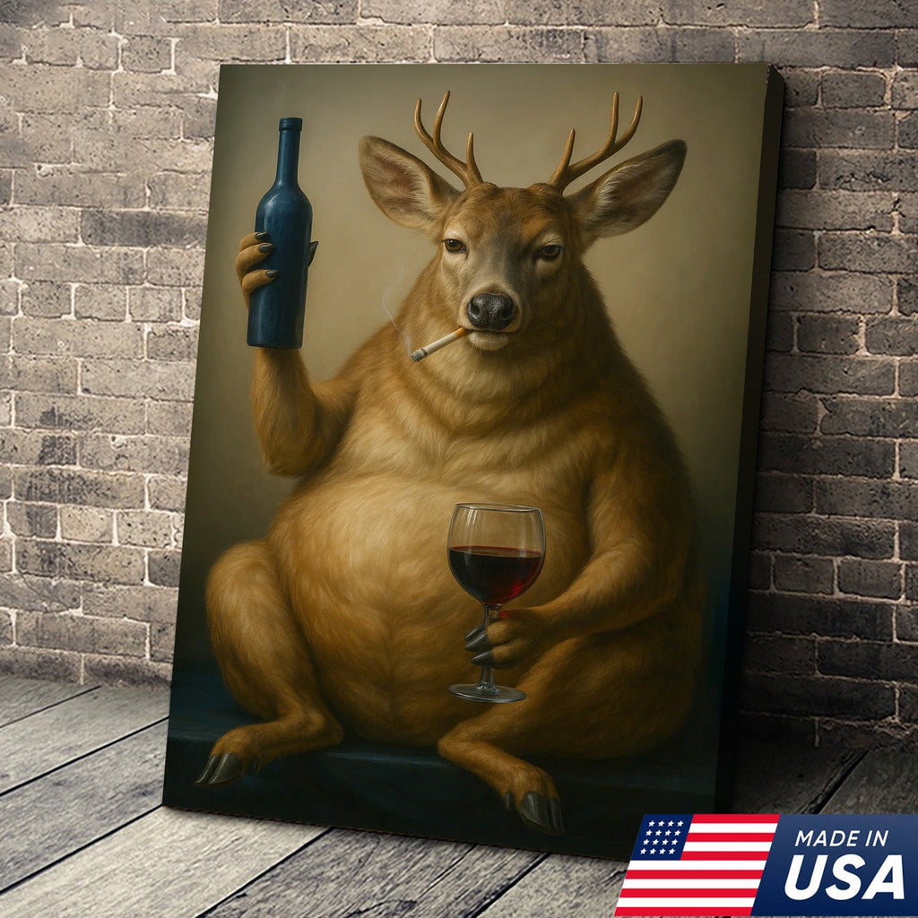 Funny Deer Wall Art Canvas – Fat Buck with Wine Glass Rustic Lodge Decor