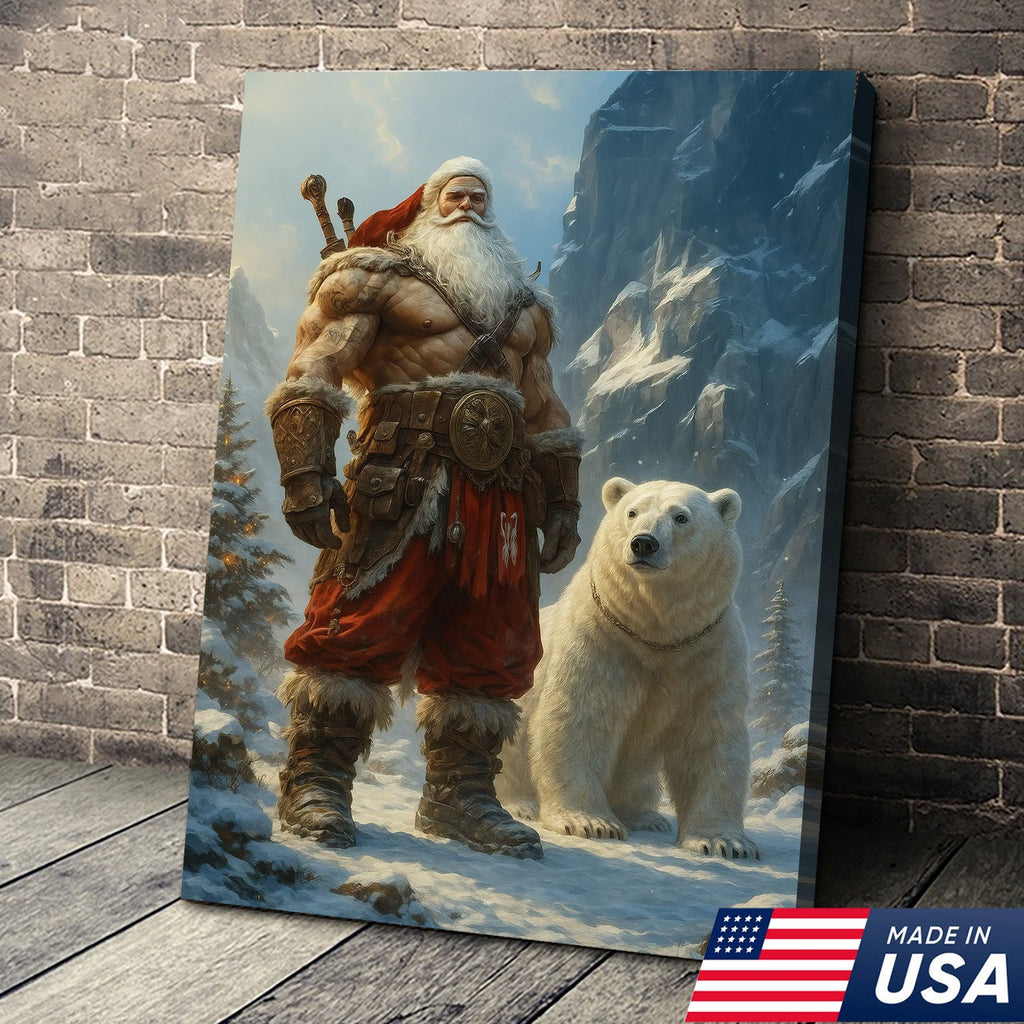 Viking Santa with Polar Bear Canvas Wall Art, Epic Christmas Warrior Decor