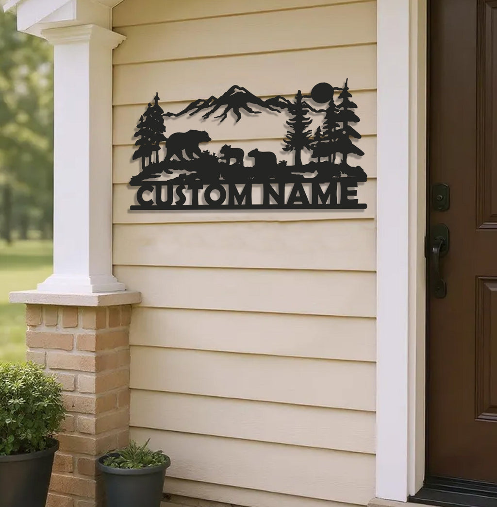 Personalized Bear Family Metal Sign WITH LED/WITHOUT LED - Mountain Cabin Name Sign