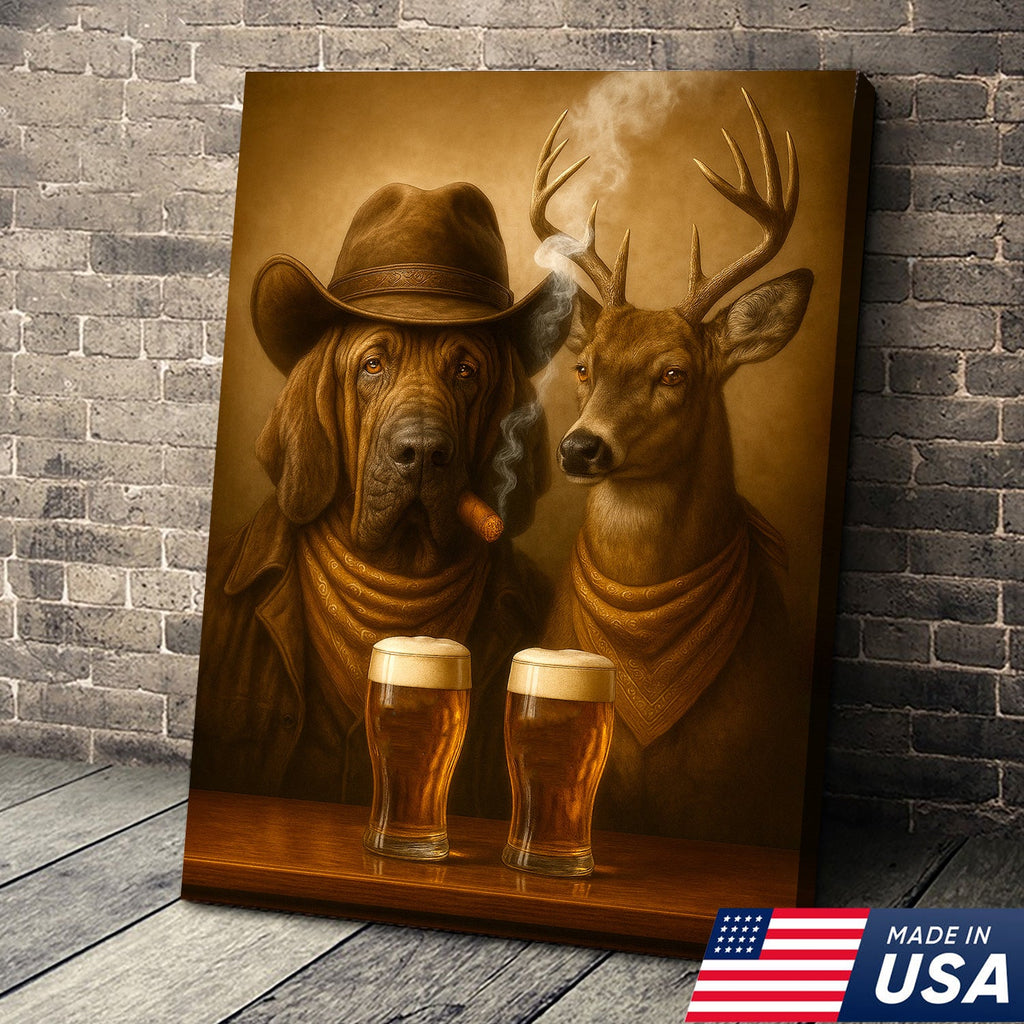 Funny Dog & Deer Cowboy Canvas Wall Art – Funny Rustic Beer Decor for Hunters