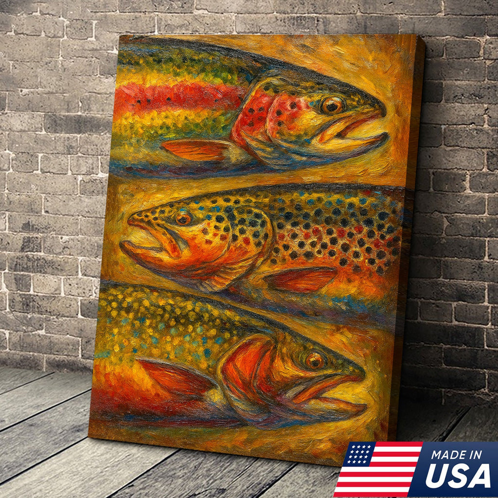 Trout Oil Painting Canvas Wall Art – Rustic Fishing Lodge Decor Gift for Anglers & Nature Lovers