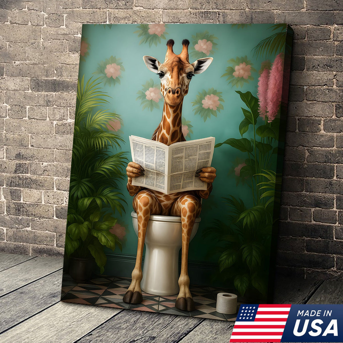 Funny Giraffe Bathroom Canvas Wall Art, Whimsical Animal Reading Newspaper Print