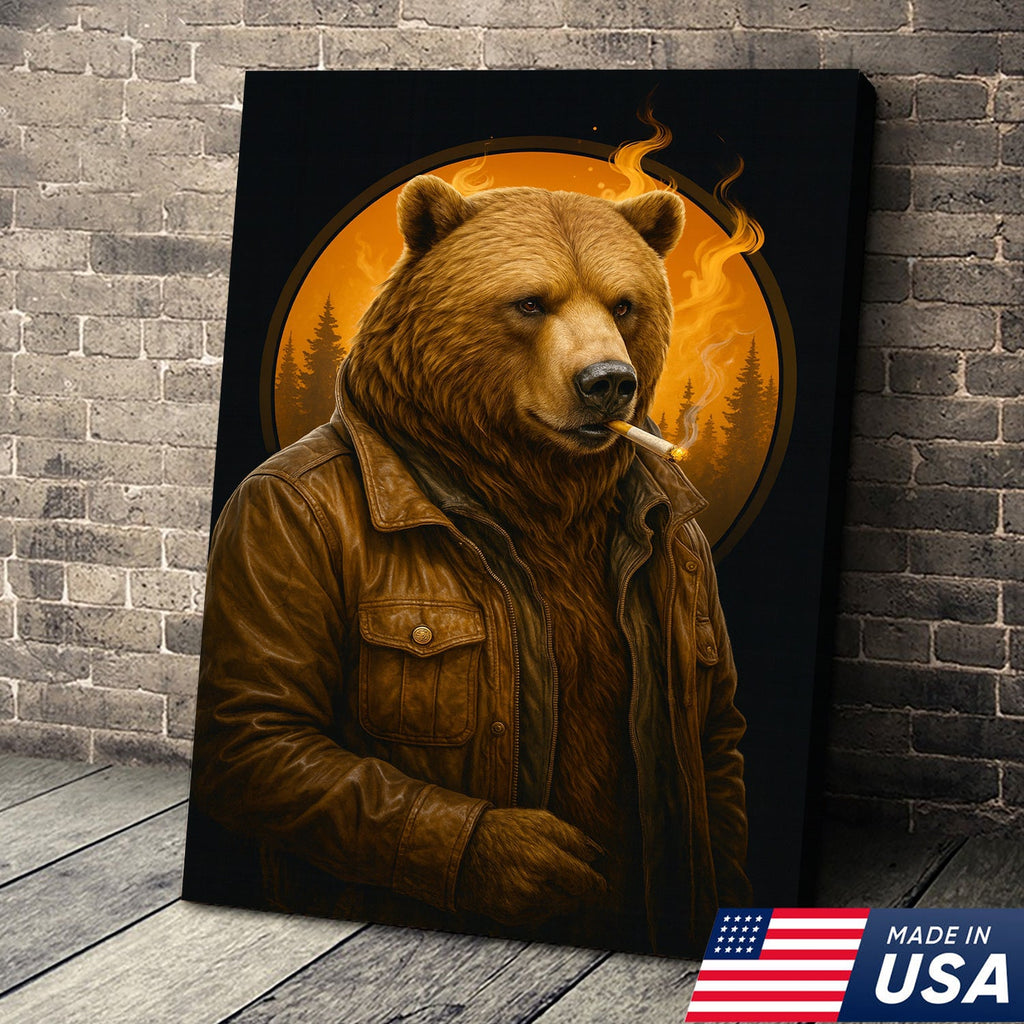 Smoking Bear Wall Art Canvas – Badass Leather Jacket Print product image 1