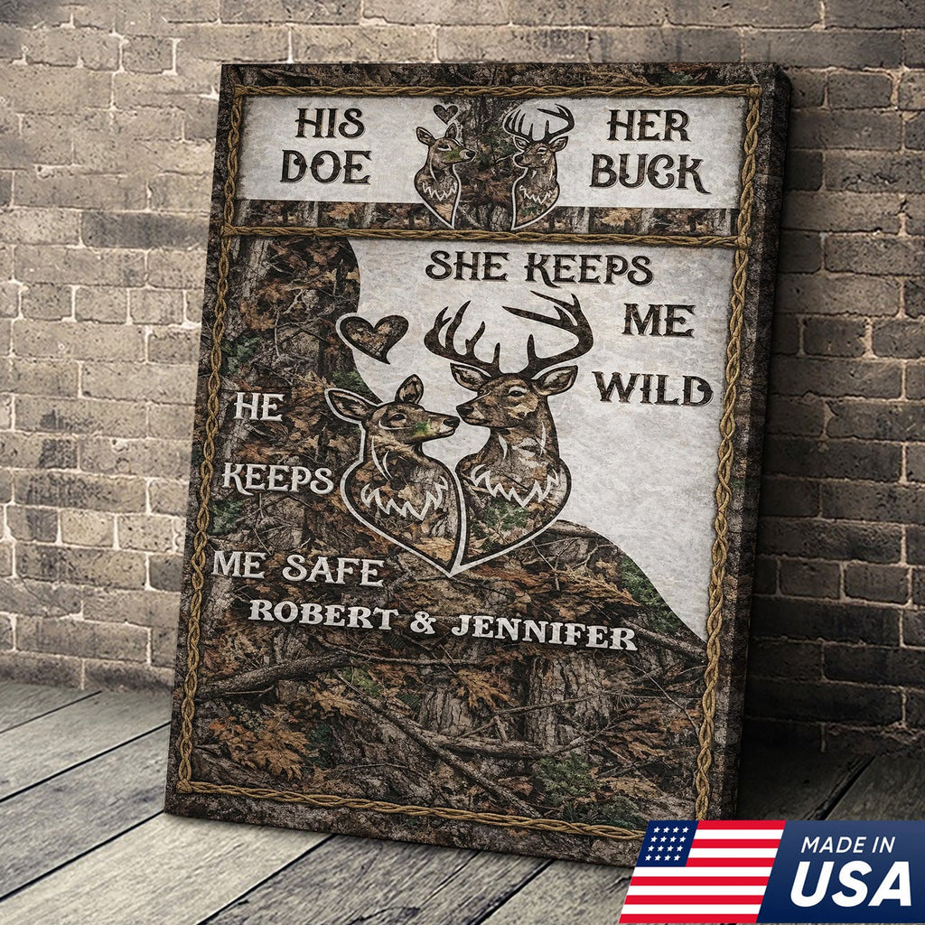 Personalized His Doe Her Buck Canvas Wall Art, Rustic Deer Couple Love Quote Artwork
