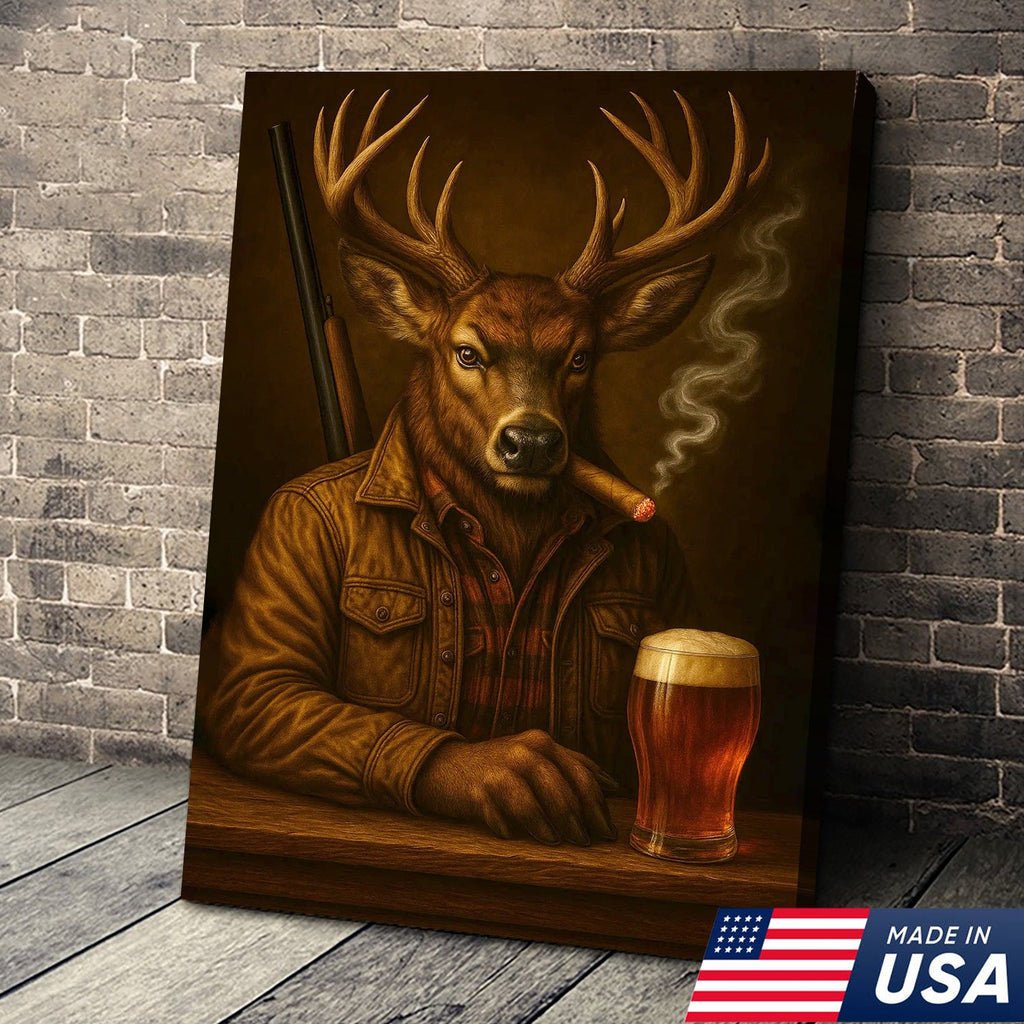 Majestic Deer Canvas Wall Art – Surreal Hunter Portrait with Beer Glass, Bold Rustic Decor