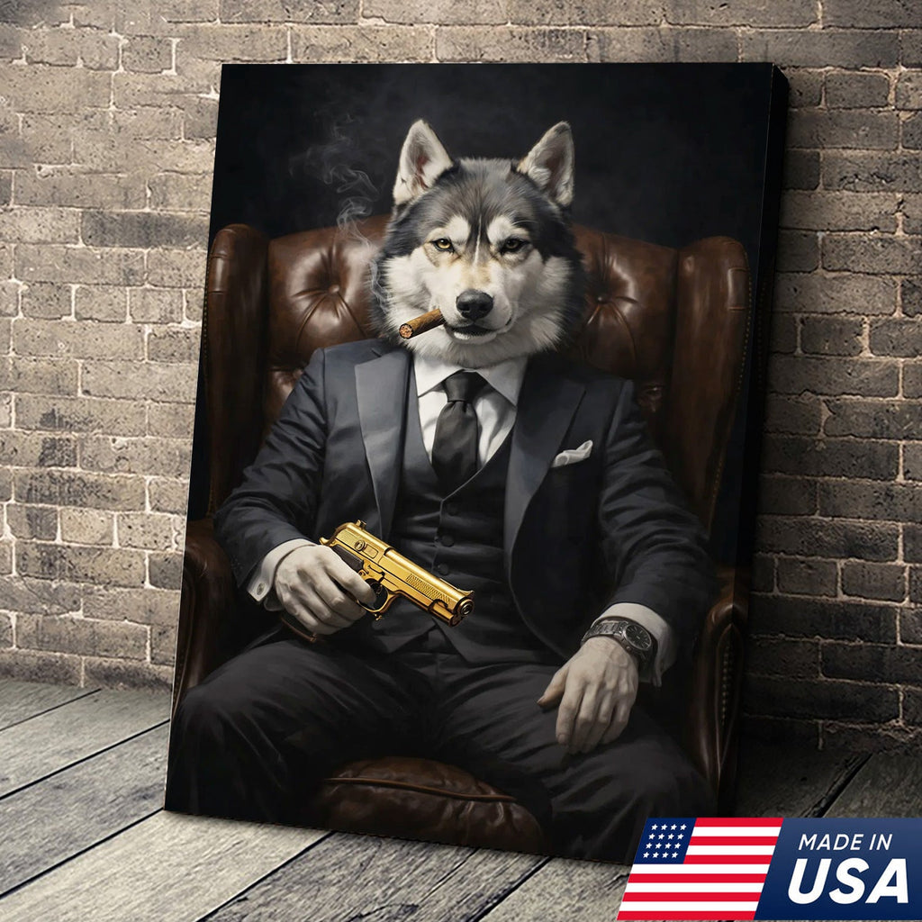 Boss Wolf Canvas Wall Art, Powerful Alpha Wolf in Suit Portrait, Luxury Animal Artwork