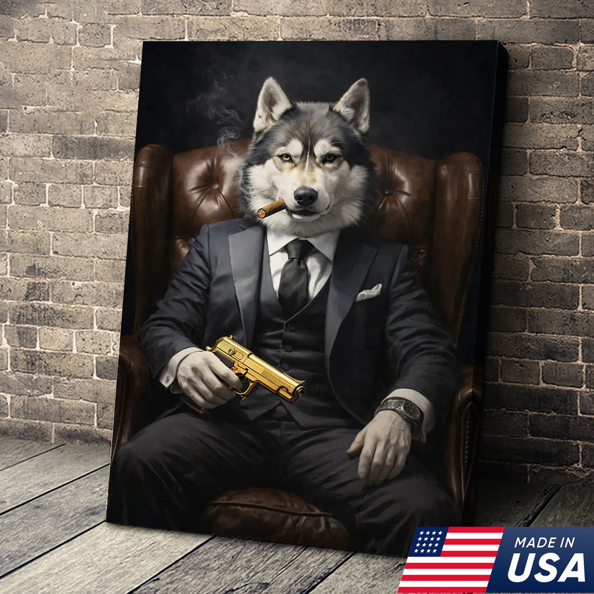 Boss Wolf Canvas Wall Art, Powerful Alpha Wolf in Suit Portrait, Luxury Animal Artwork