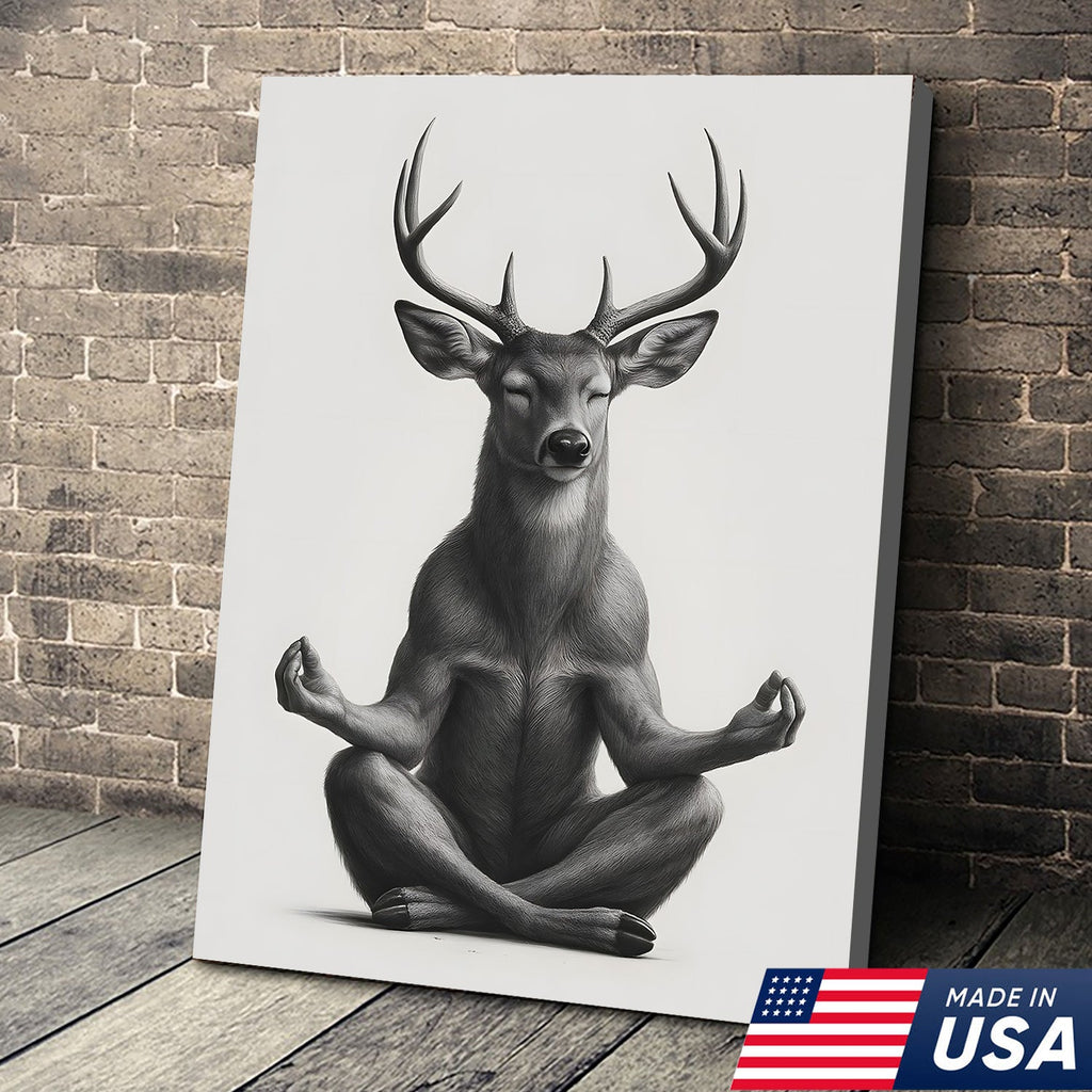 Yoga Deer Canvas Wall Art, Meditating Buck Minimalist Black and White Print, Peaceful Wildlife Zen Decor