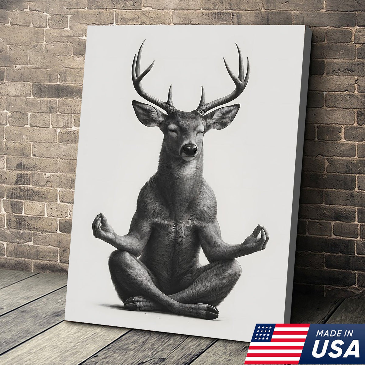 Yoga Deer Canvas Wall Art, Meditating Buck Minimalist Black and White Print, Peaceful Wildlife Zen Decor