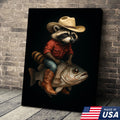 Cowboy Raccoon Riding Fish Canvas – Surreal Western Wall Art for Man Cave Decor
