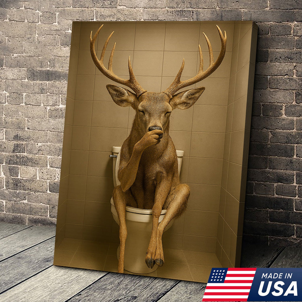 Funny Deer Bathroom Canvas Wall Art – Rustic Toilet Canvas for Cabin, Lodge & Man Cave Decor
