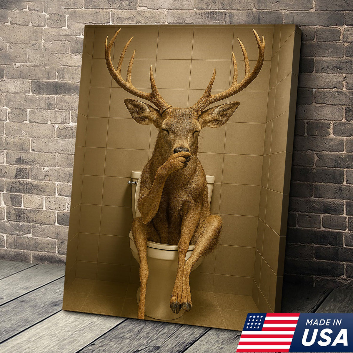 Funny Deer Bathroom Canvas Wall Art – Rustic Toilet Canvas for Cabin, Lodge & Man Cave Decor