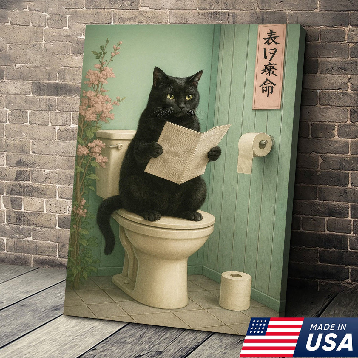 Funny Cat Bathroom Canvas Wall Art, Black Cat on Toilet Reading Newspaper