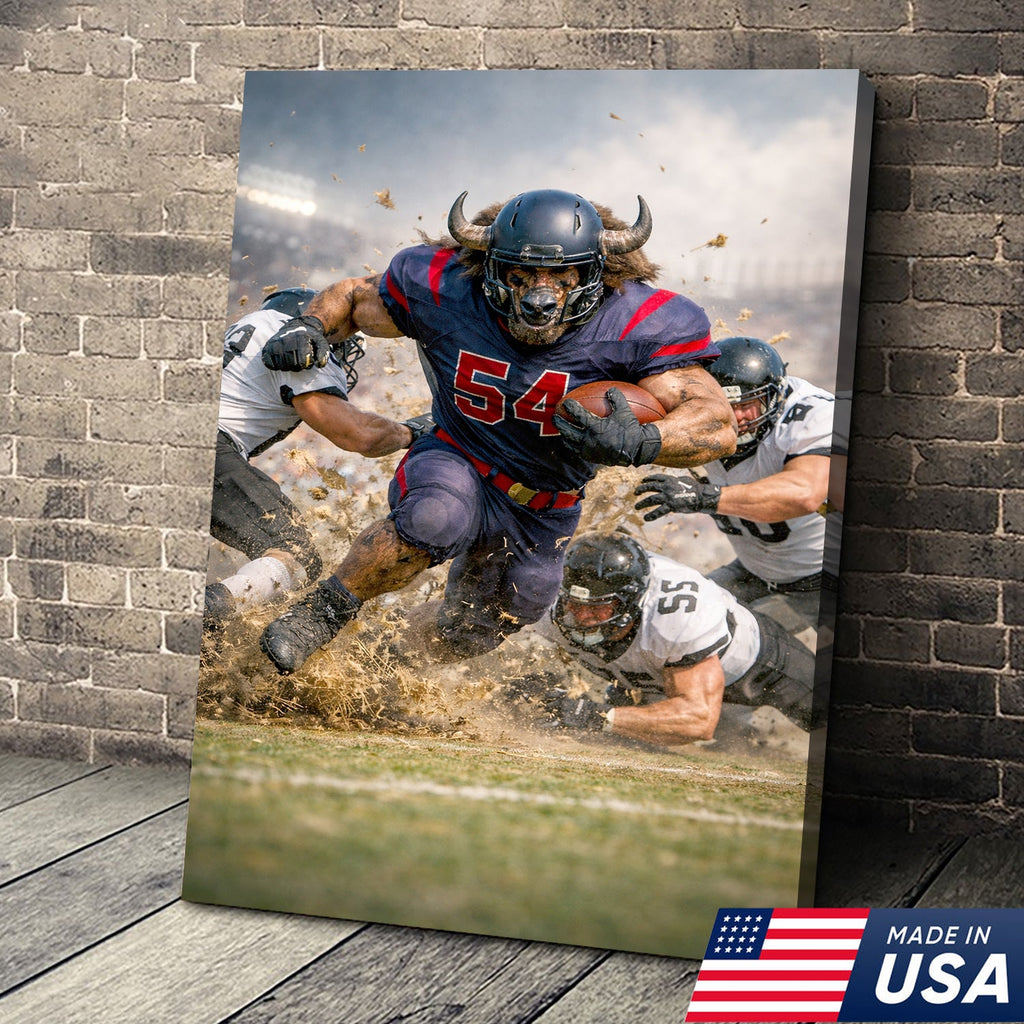 Bull Football Player Canvas Wall Art – Powerful Stadium Action Sports Print