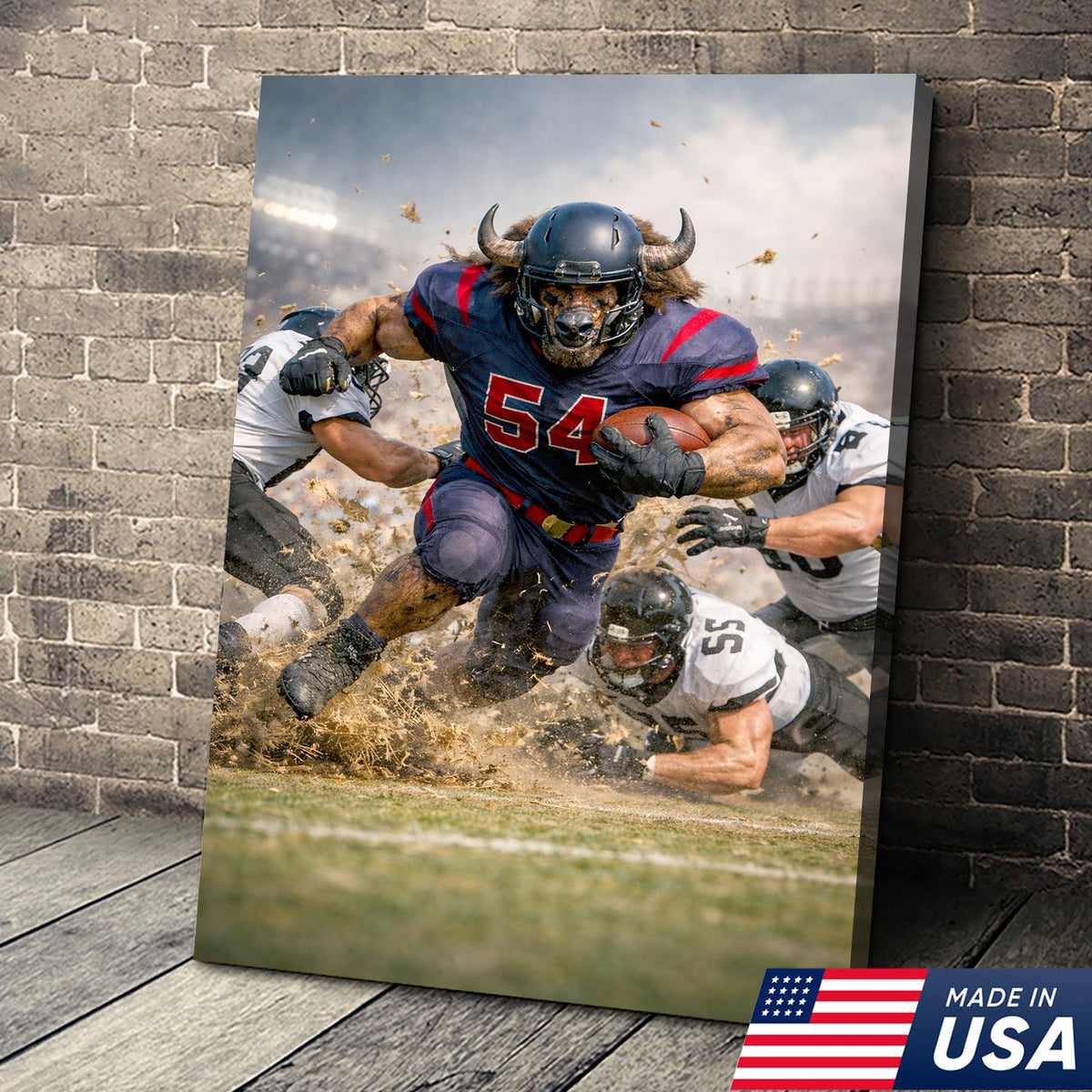 Bull Football Player Canvas Wall Art – Powerful Stadium Action Sports Print