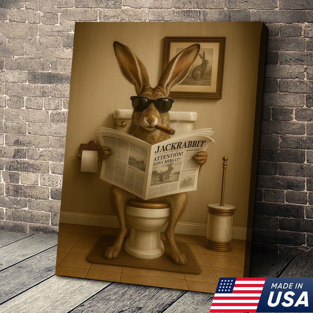 Funny Jackrabbit Bathroom Canvas Wall Art – Rustic Wildlife Lodge Decor Gift for Hunters & Cabin