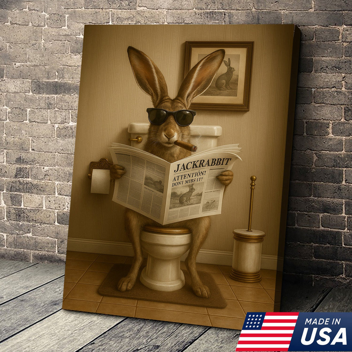 Funny Jackrabbit Bathroom Canvas Wall Art – Rustic Wildlife Lodge Decor Gift for Hunters & Cabin