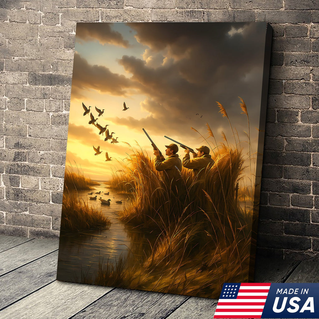 Duck Hunting Sunset Canvas – Rustic Wall Art for Hunters, Cabins & Outdoor Enthusiasts