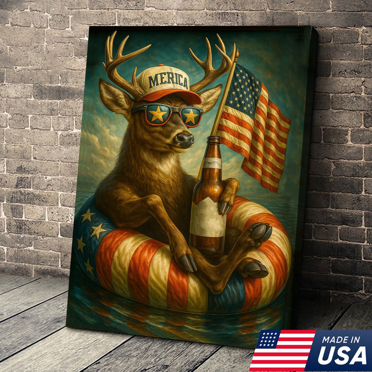 Patriotic Deer Wall Art Canvas – Funny American Flag Wall Art, Man Cave & Rustic Cabin Decor