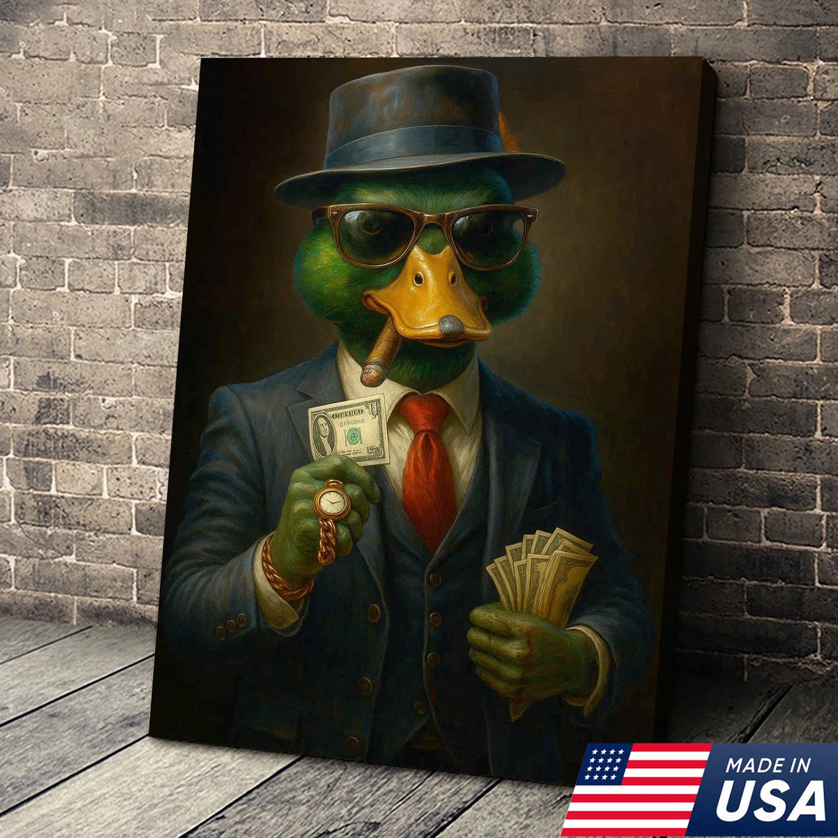Gangster Duck Money Canvas Wall Art, Rich Boss Duck in Suit Holding Cash