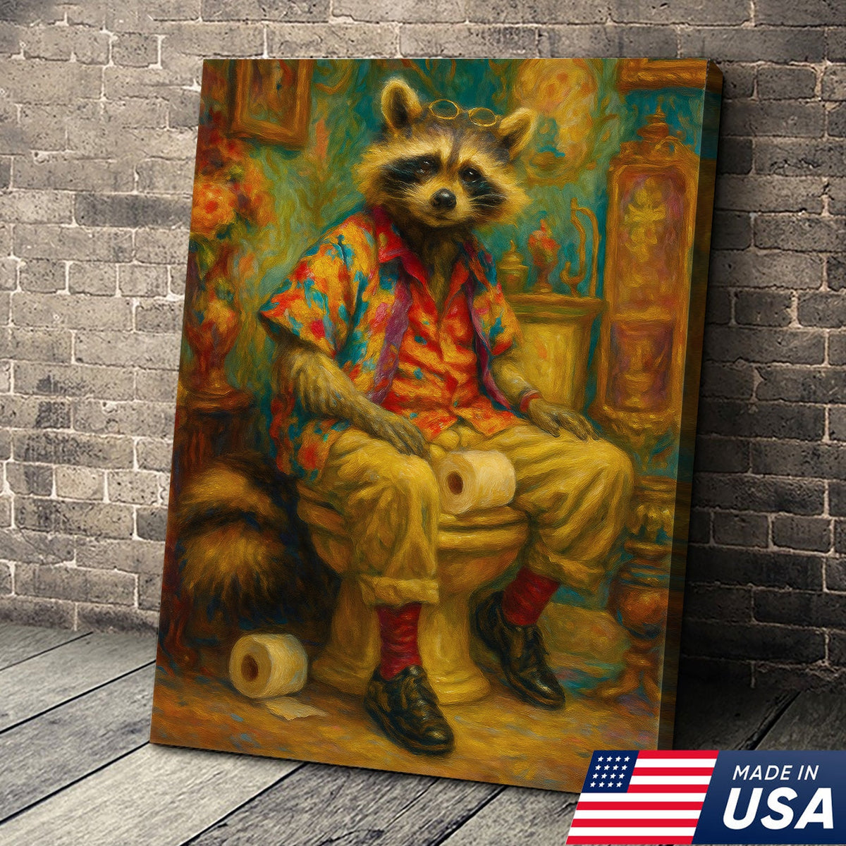 Funny Raccoon on Toilet Canvas Wall Art – Hawaiian Shirt product image 1