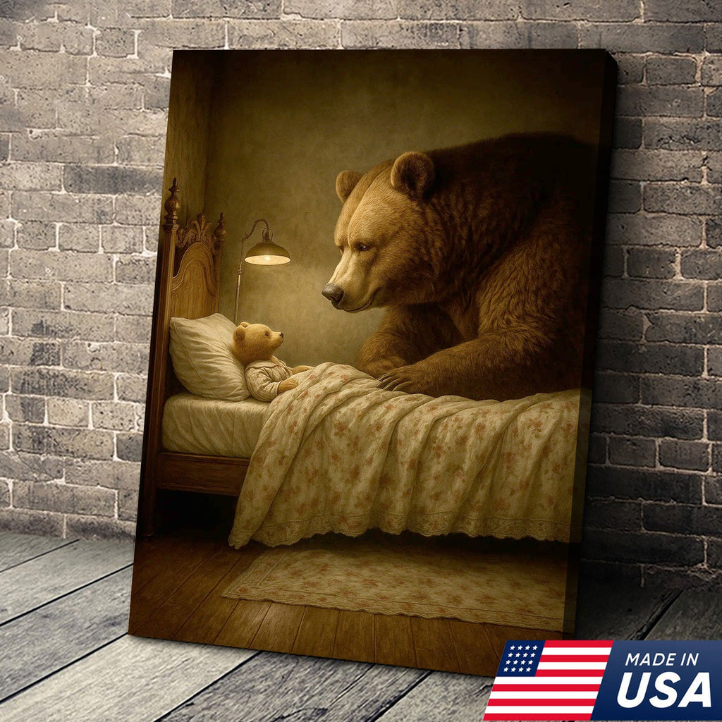 Mother Bear and Cub Canvas Wall Art, Whimsical Bedtime Wildlife Artwork