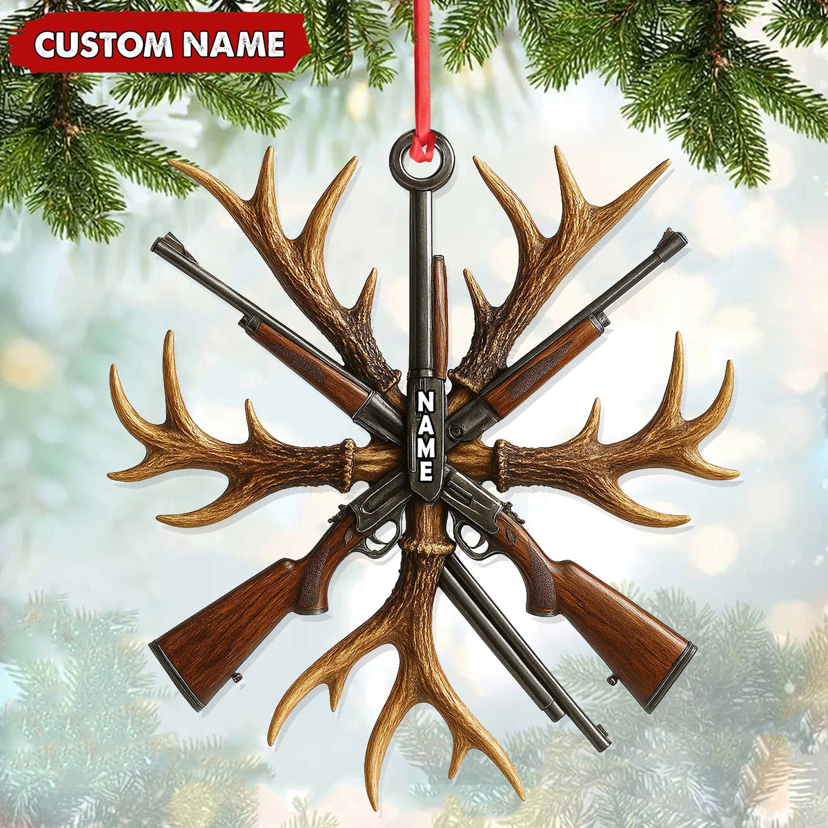 Custom Name Hunting Ornament, Antlers and Rifles Christmas Decor for Hunters