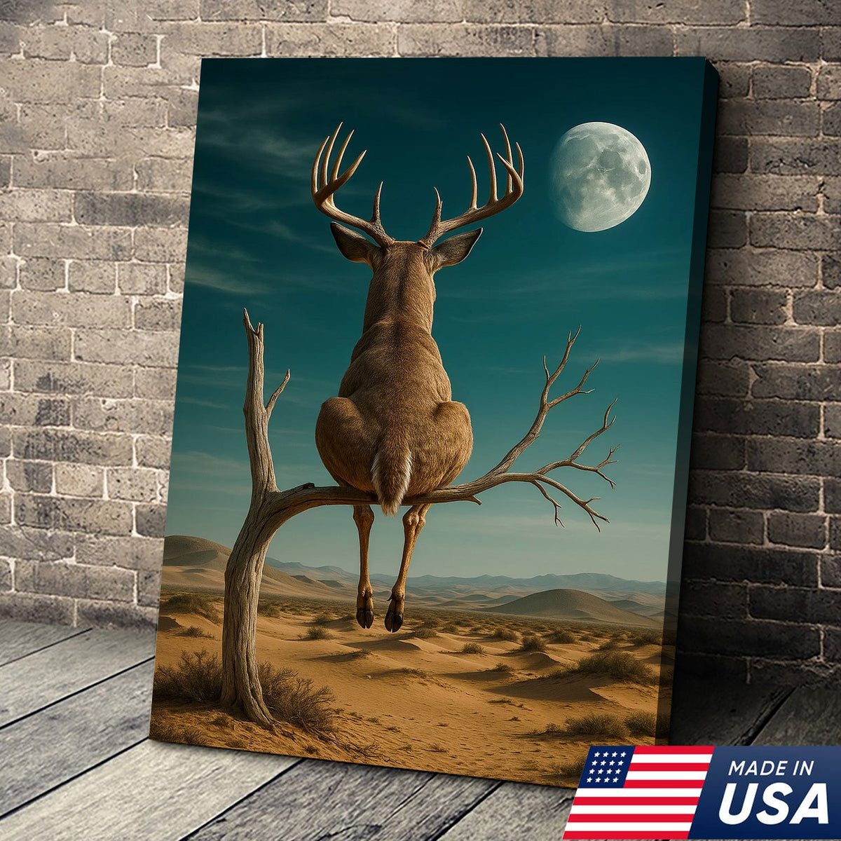 Funny Deer Moon Canvas, Whitetail Buck Sitting on Tree Wall Art, Humorous Hunter Gift