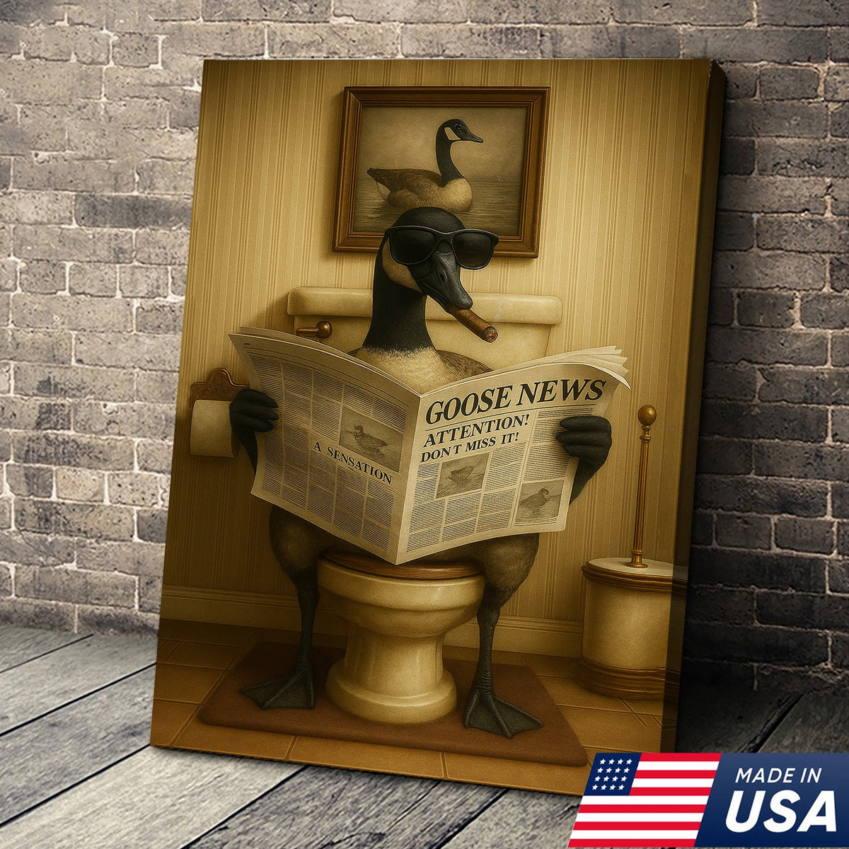 Funny Canada Goose Reading Newspaper Canvas – Funny Bathroom Wall Art