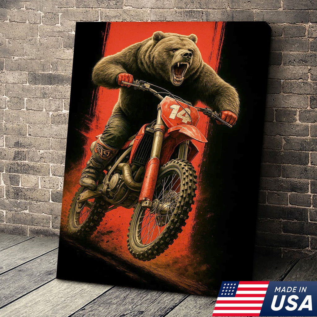 Motocross Bear Wall Art Canvas, Fierce Dirt Bike Racing Bear Print