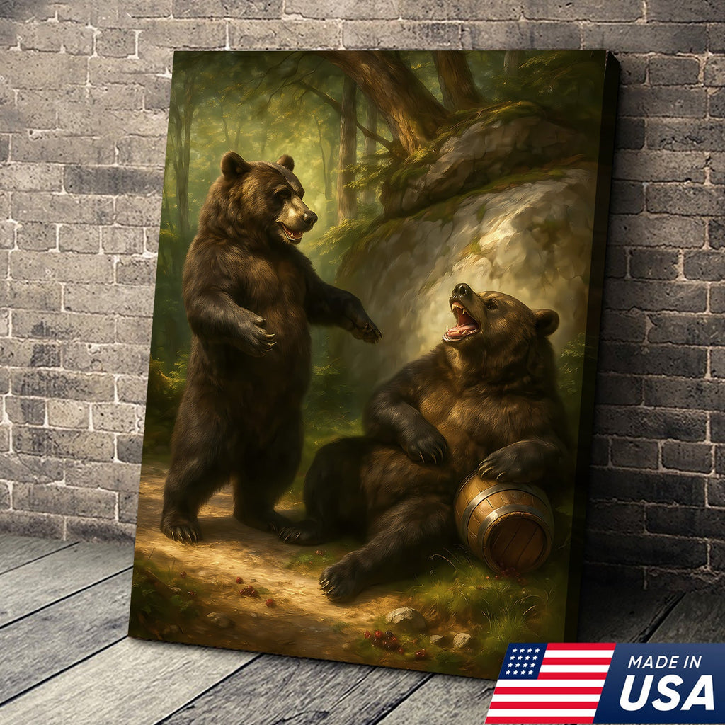 Funny Drunk Bears Canvas – Rustic Cabin Wall Art Gift for Hunters, Beer Lovers & Man Caves
