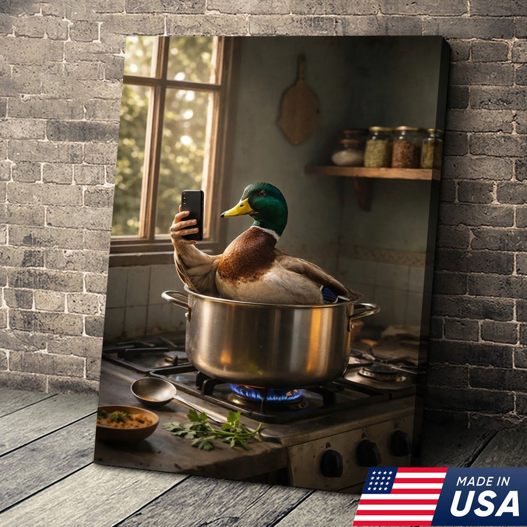 Funny Duck Cooking Selfie Canvas Wall Art, Whimsical Kitchen Animal Illustration