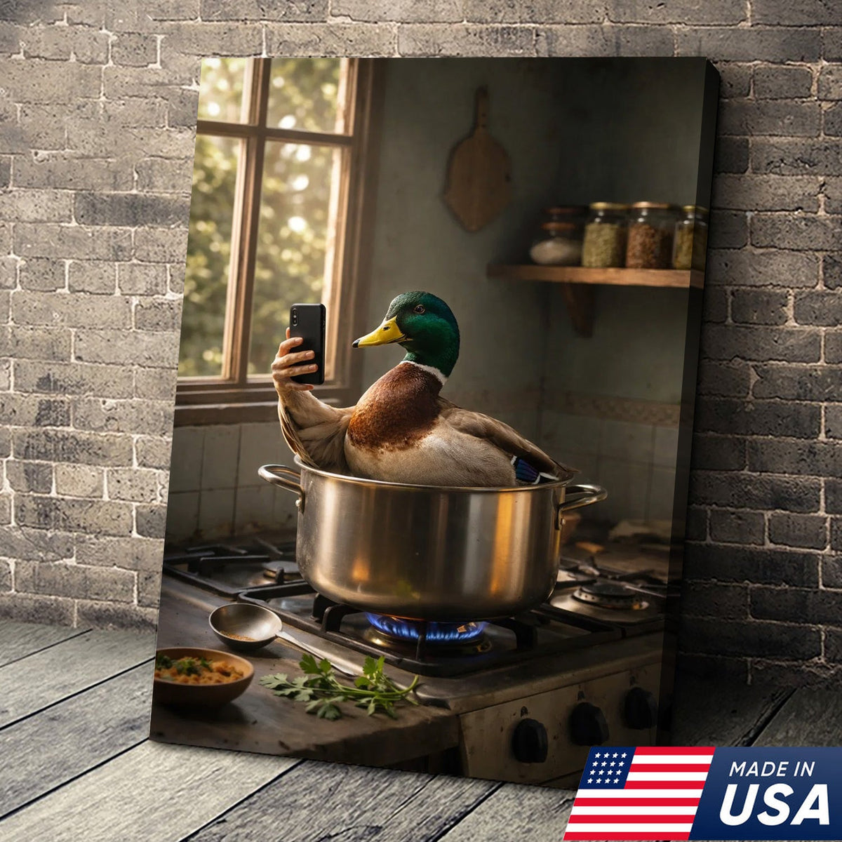 Funny Duck Cooking Selfie Canvas Wall Art, Whimsical Kitchen Animal Illustration