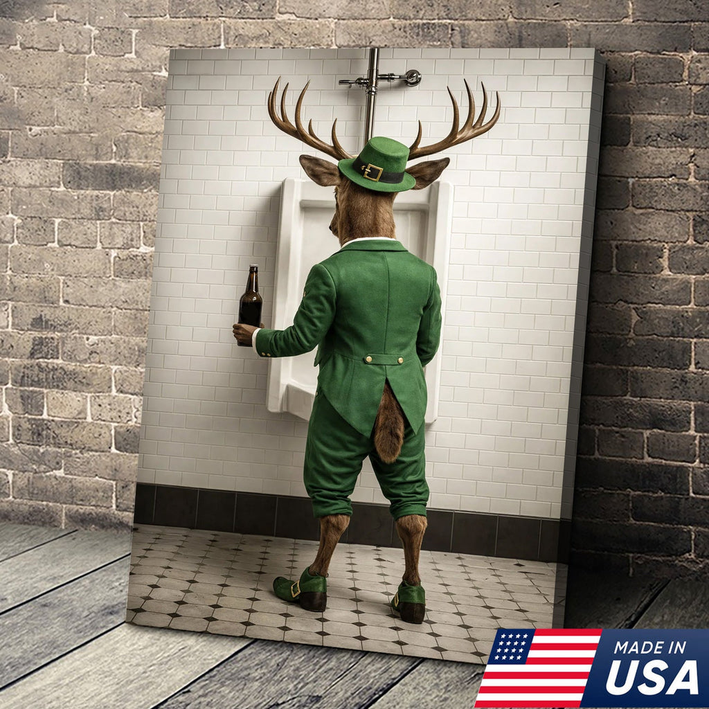 Funny Deer Canvas Wall Art, Leprechaun Buck Bathroom Humor Print
