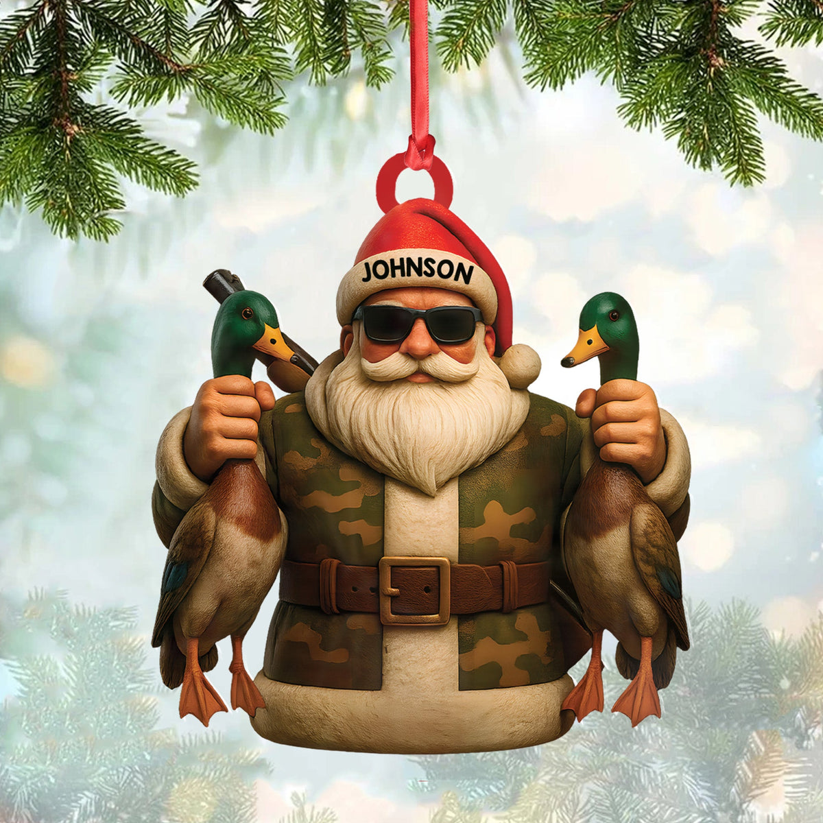 Personalized Duck Hunter Santa Acrylic Ornament - Funny Christmas Gift for Hunters - Custom Name Camo Decor