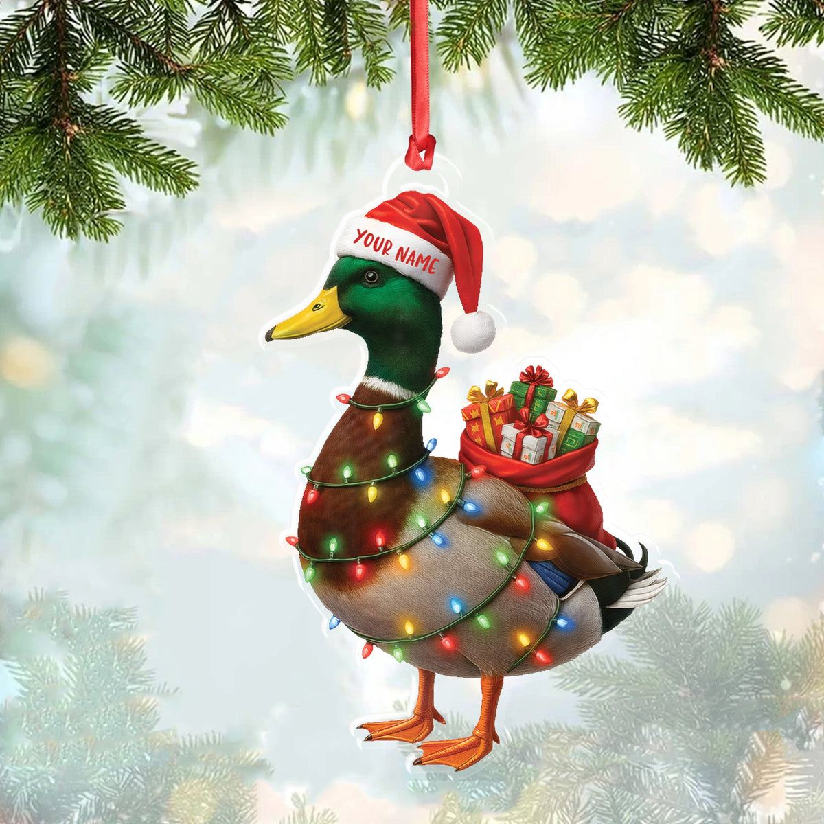Funny Christmas Duck Acrylic Ornament – Mallard Santa with Lights and Gifts, Personalized Holiday Decoration for Duck Lovers, Unique Hunter Christmas Gift