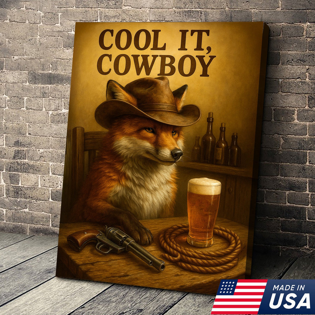 Cowboy Fox Canvas Wall Art – Rustic Western Saloon Painting with Coors Beer