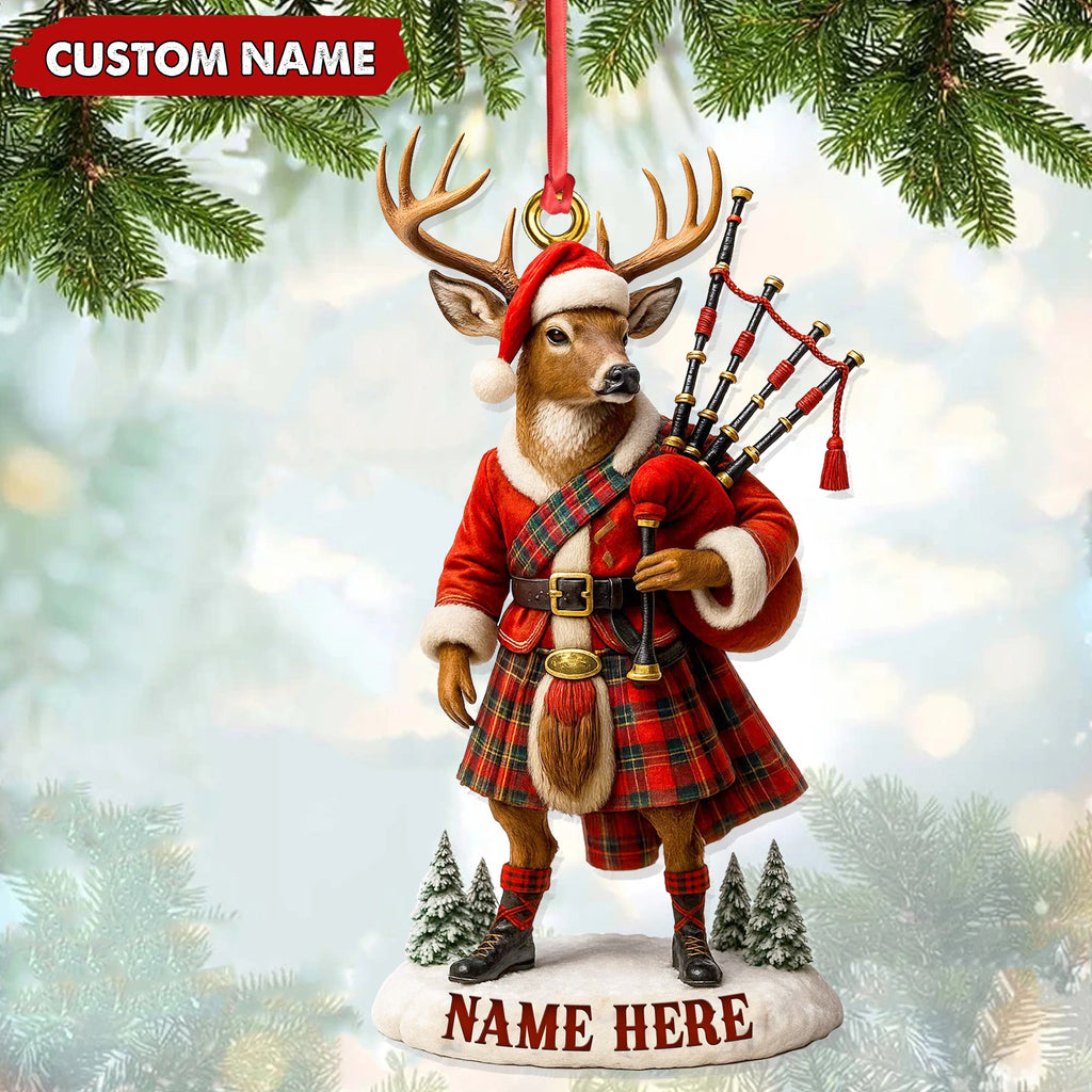 Personalized Scottish Deer Ornament, Custom Name Highland Bagpiper Christmas Decoration