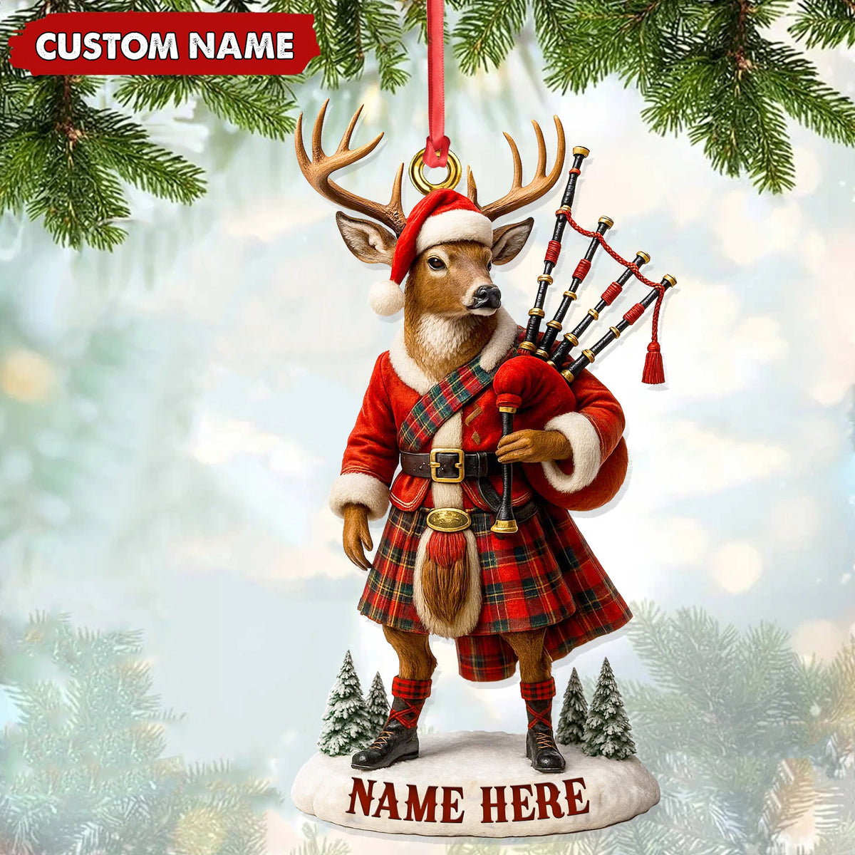Personalized Scottish Deer Ornament, Custom Name Highland Bagpiper Christmas Decoration
