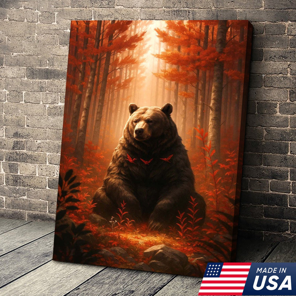 Autumn Forest Bear Canvas Wall Art, Majestic Brown Bear in Fall Woodland