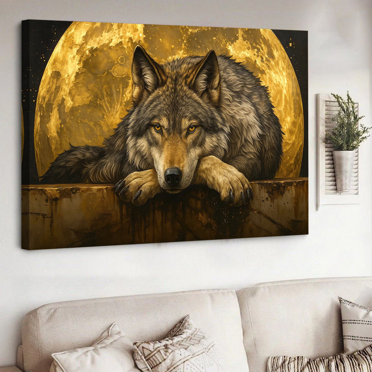 Wolf Canvas Wall Art – Majestic Wolf with Full Moon – Rustic Wildlife Decor for Cabin