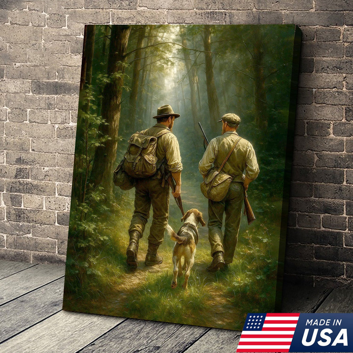 Hunting Canvas Wall Art – Hunters Walking with Dog in Forest – Rustic Cabin Decor