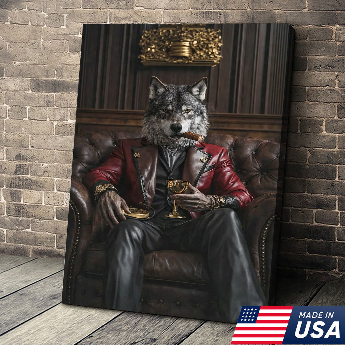 Luxury Alpha Wolf Canvas Wall Art, Aristocratic Wolf Gentleman Portrait