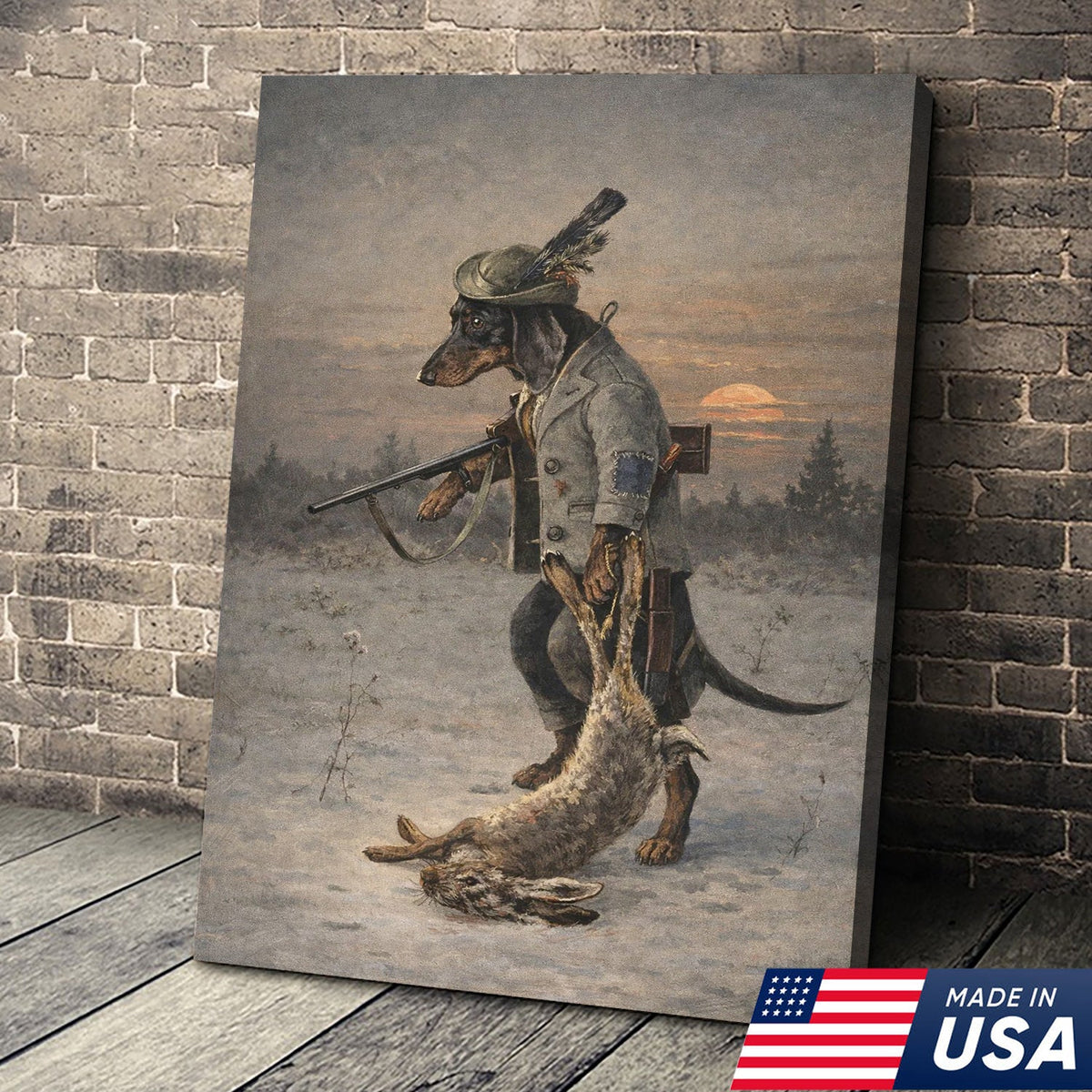 Vintage Dachshund Hunter Canvas Wall Art – Classic Sporting Dog with Rifle