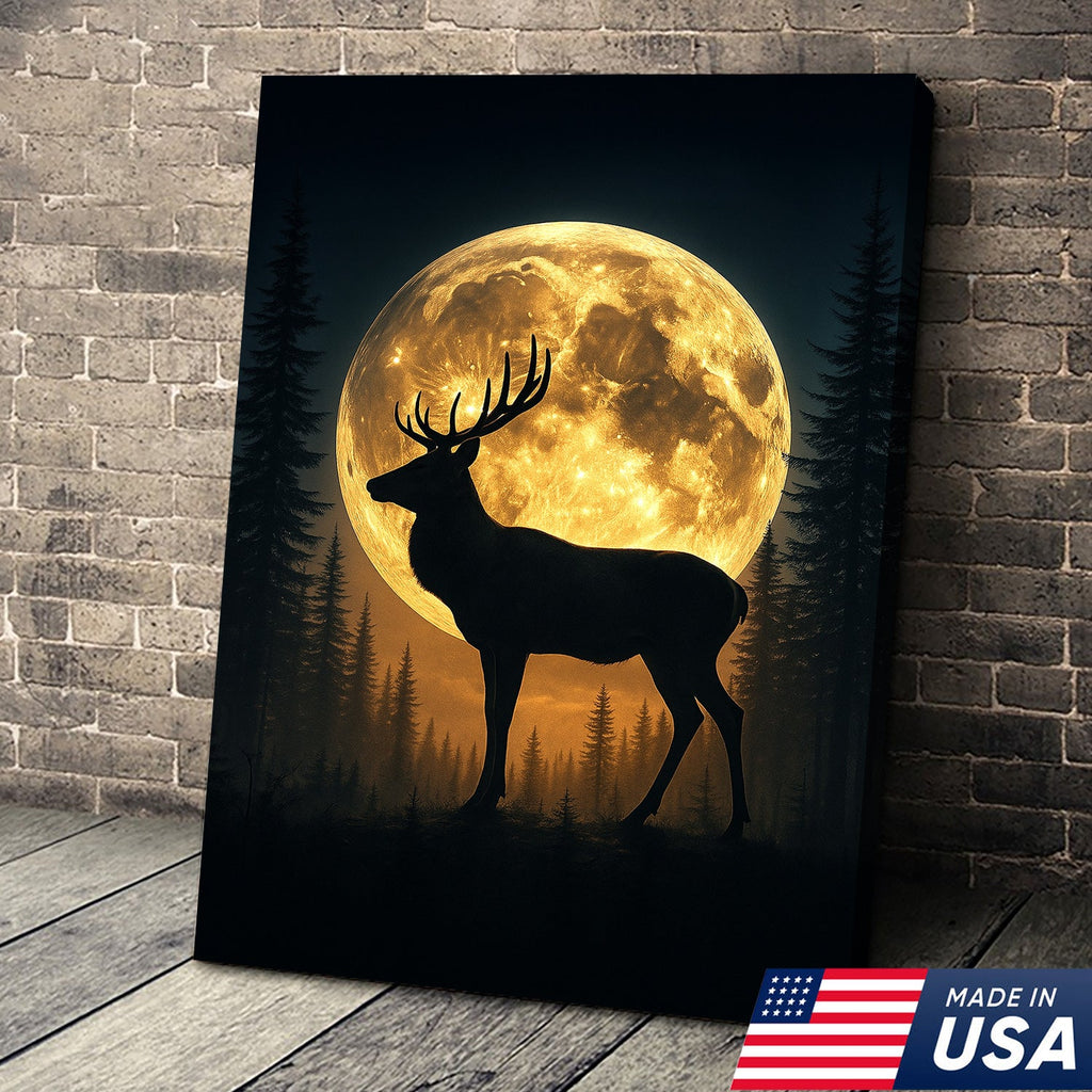 Moonlit Deer Silhouette Canvas – Rustic Forest Wall Art for Cabin & Lodge Decor