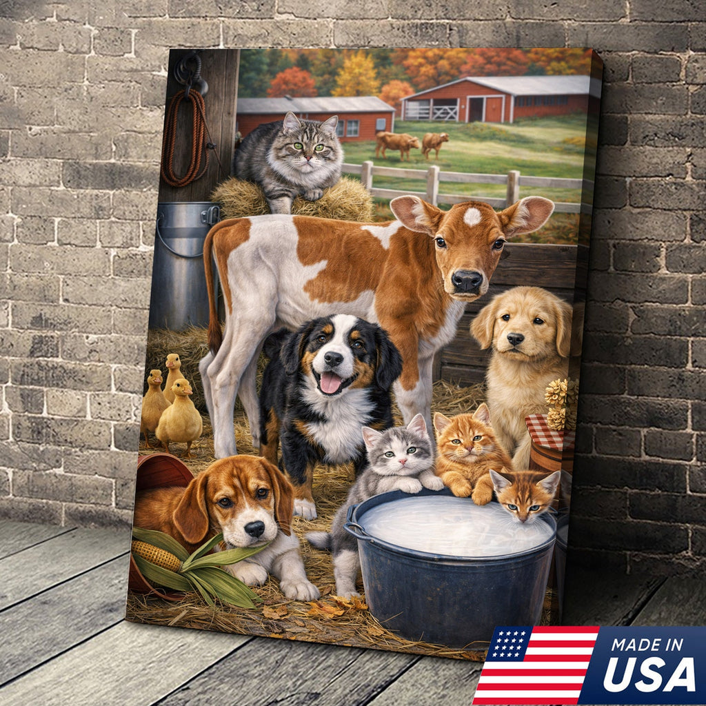Farm Animals Canvas Wall Art – Cute Barn Animal Painting Cow Dog Cat Farm Decor